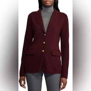 Lauren Ralph Lauren Combed Cotton Sweater Blazer Burgundy w/ Gold Crest Buttons